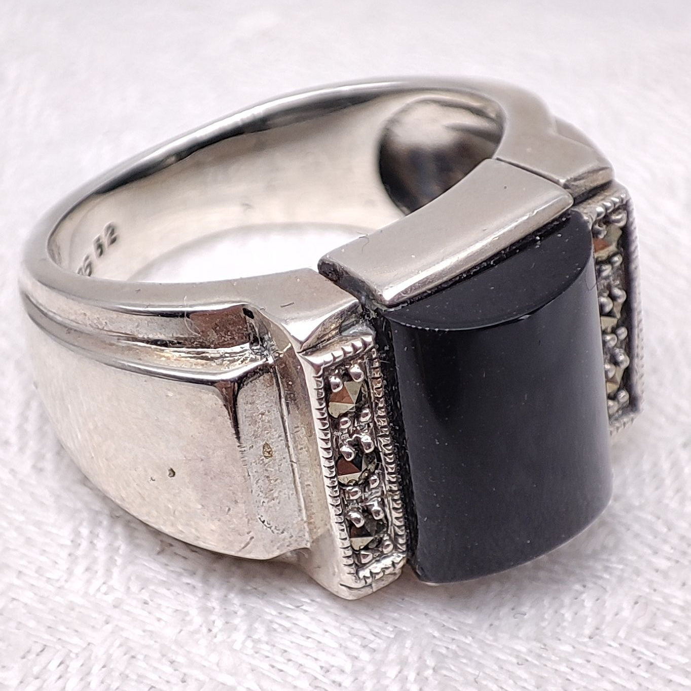 Bague Argent Massif Avec Onyx Et Marcassites - Taille 52 - Style Vintage - Occasion