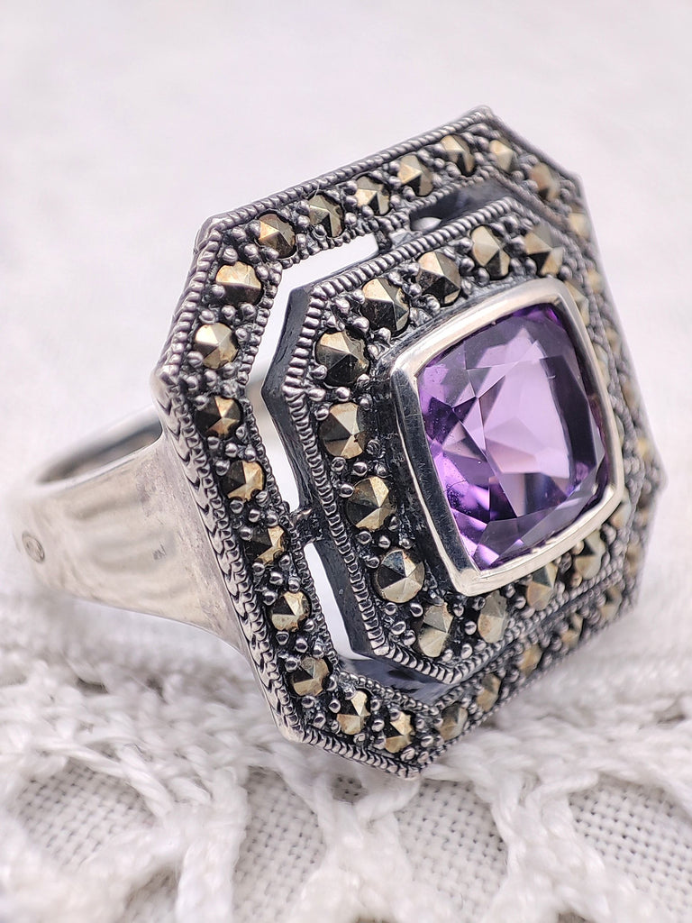 Bague Art Déco En Argent Solide Sertie D'améthyste Et Opale De Feu - Bijou Filigrane Neuf Sans Emballage