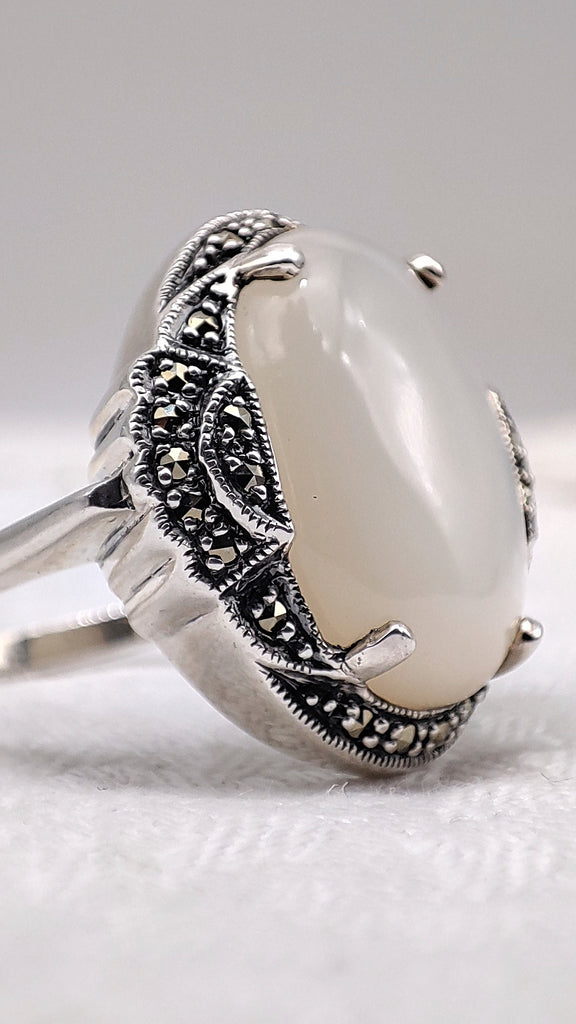 Bague En Argent 925 Cabochon Nacre - Taille 57 - Vintage Parfait état - 2 Poinçons