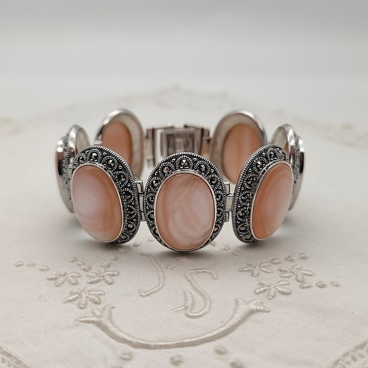 Bracelet Aurora - Art Déco | Nacre Rose, Argent et Marcassites