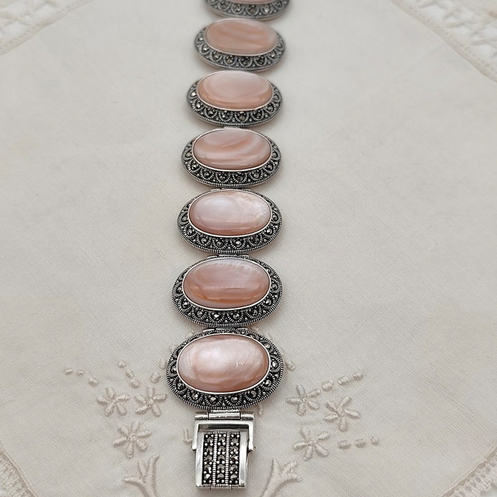 Bracelet Aurora - Art Déco | Nacre Rose, Argent et Marcassites