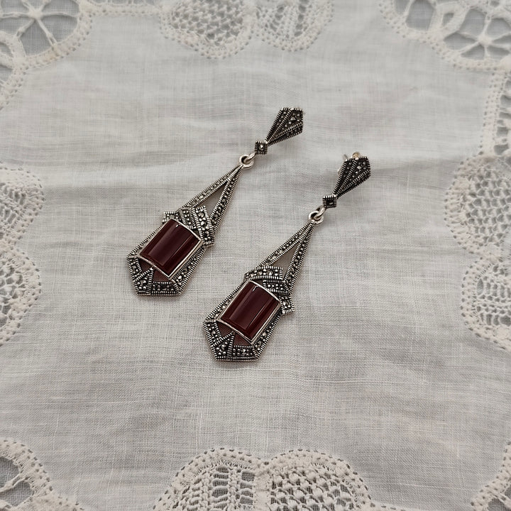 Boucles D'oreille Style Art Déco en Argent et Cornaline - Au Bonheur Des Dames Toulouse