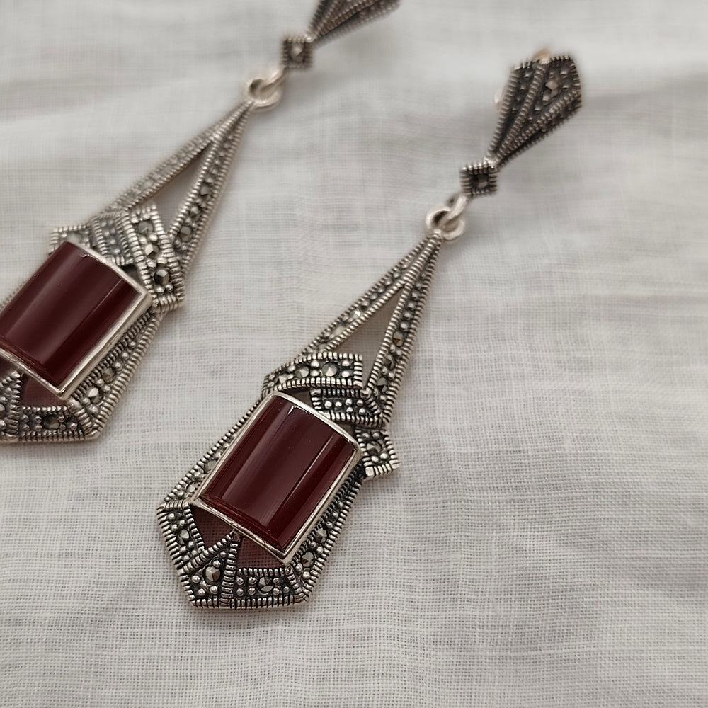 Boucles D'oreille Style Art Déco en Argent et Cornaline - Au Bonheur Des Dames Toulouse