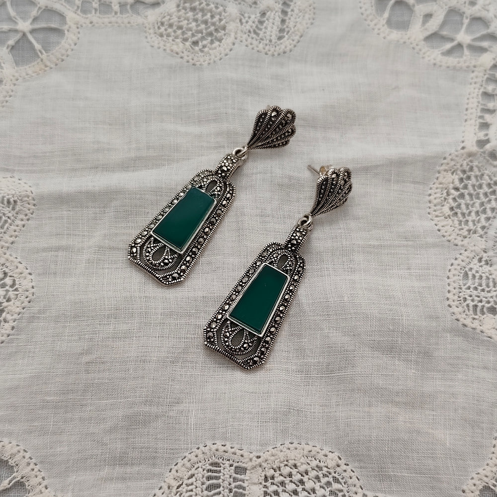 Boucles D'oreille Art Déco 1925, Argent, Agate verte et marcassites - Au Bonheur Des Dames Toulouse