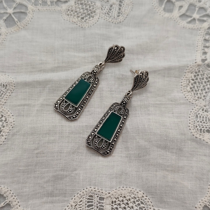 Boucles D'oreille Art Déco 1925, Argent, Agate verte et marcassites - Au Bonheur Des Dames Toulouse