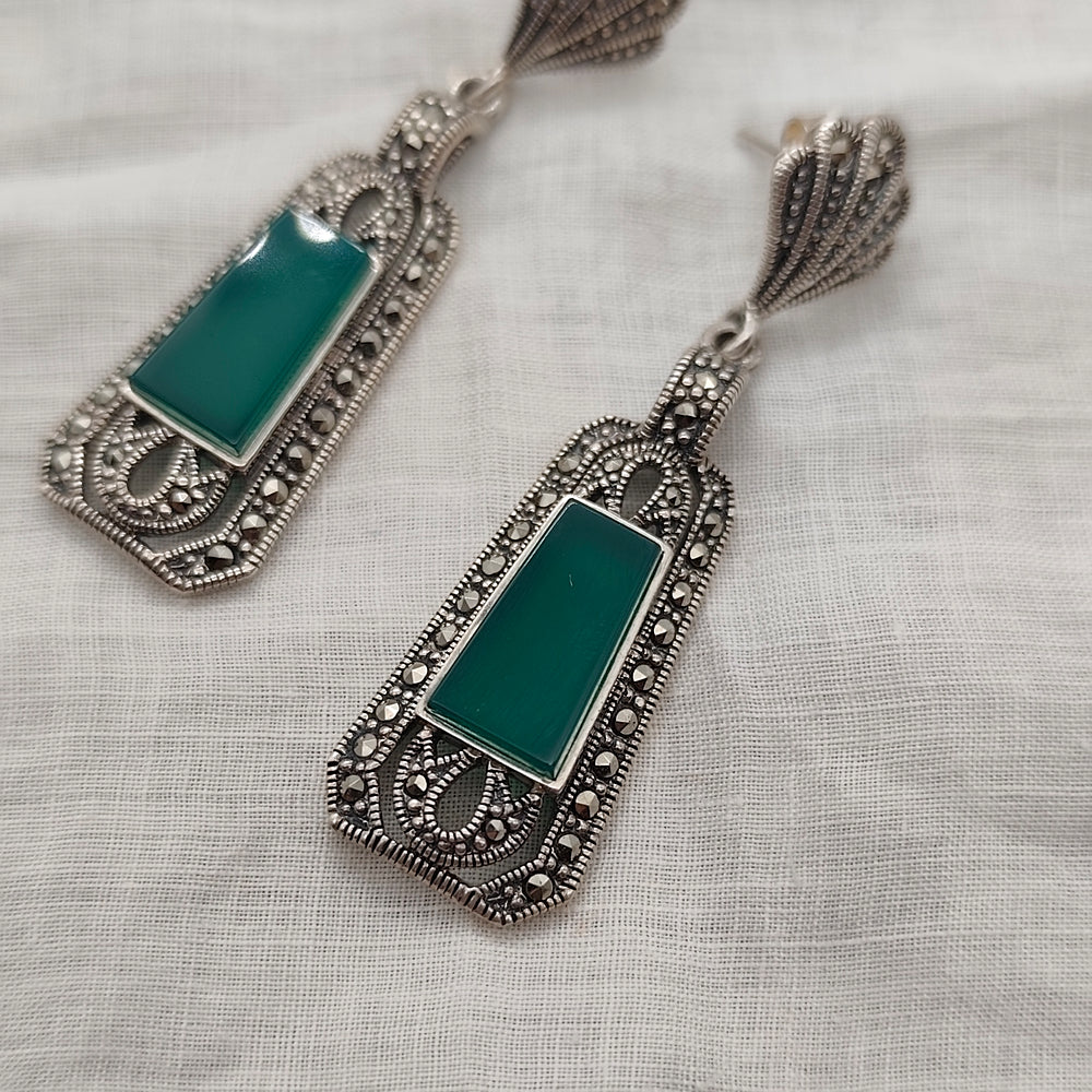 Boucles D'oreille Art Déco 1925, Argent, Agate verte et marcassites - Au Bonheur Des Dames Toulouse