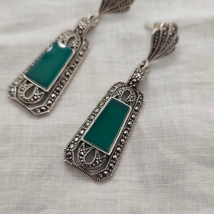 Boucles D'oreille Art Déco 1925, Argent, Agate verte et marcassites - Au Bonheur Des Dames Toulouse