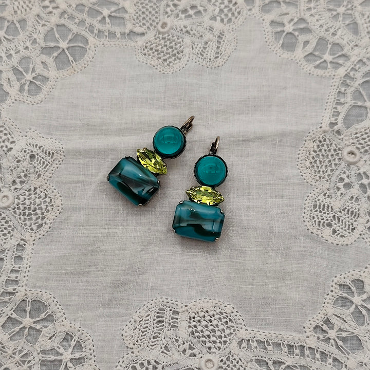 Boucles d'Oreilles Athéna - Fantaisie | Bleu Pétrole et Vert
