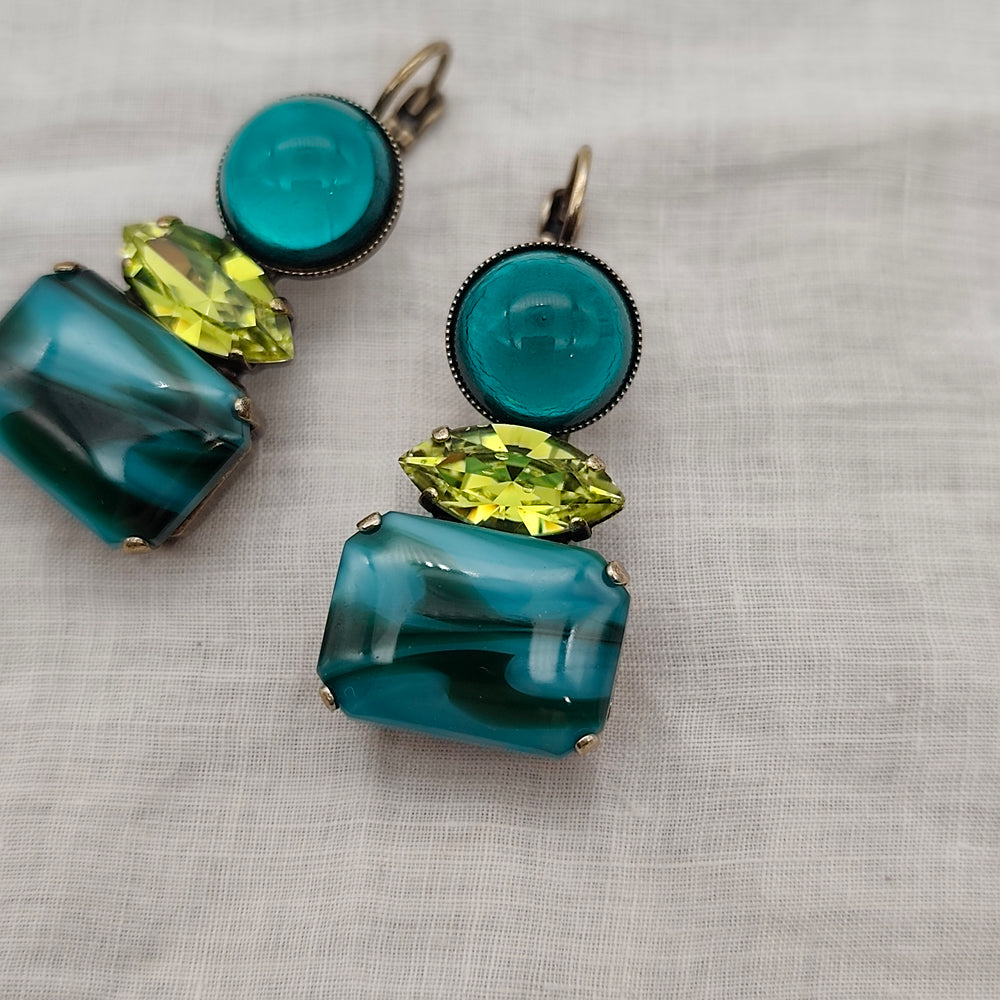 Boucles d'Oreilles Athéna - Fantaisie | Bleu Pétrole et Vert