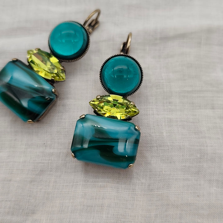 Boucles d'Oreilles Athéna - Fantaisie | Bleu Pétrole et Vert
