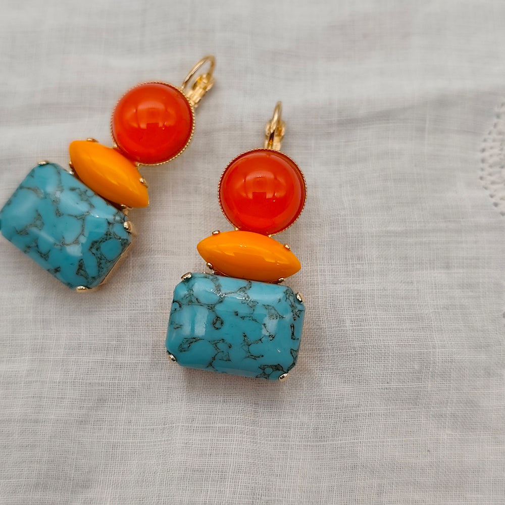 Boucles d'Oreilles Athéna - Fantaisie | Turquoise, rouge et orange