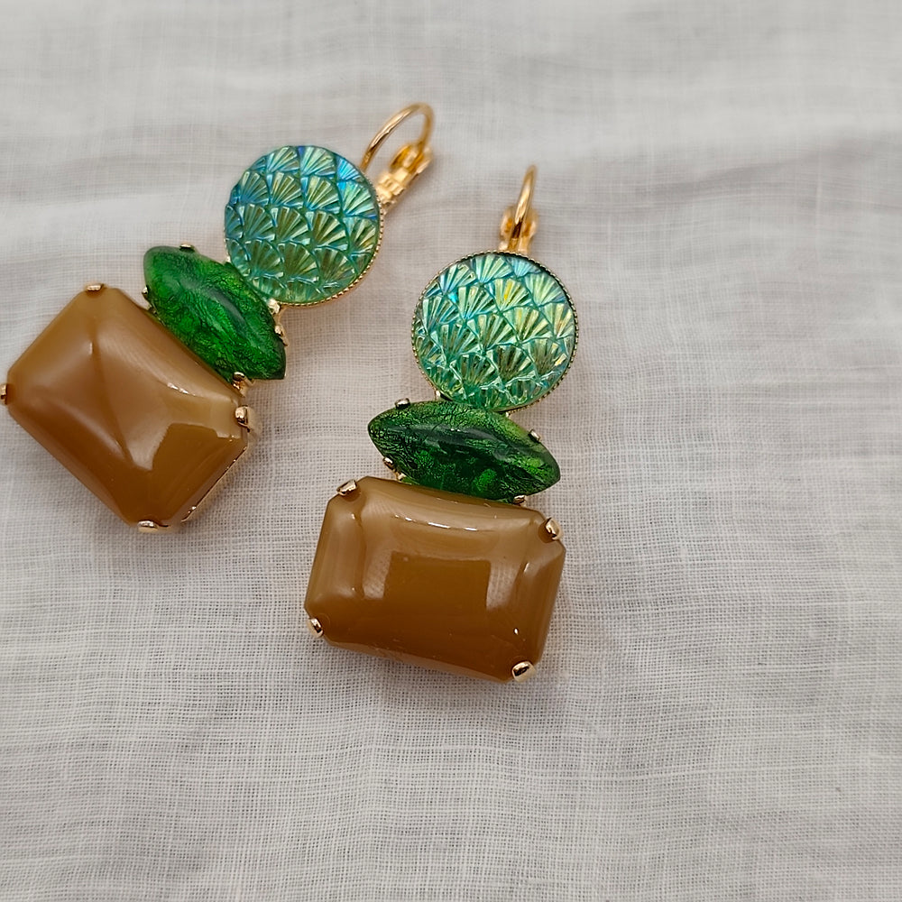 Boucles d'Oreilles Athéna - Fantaisie | Marron et Vert