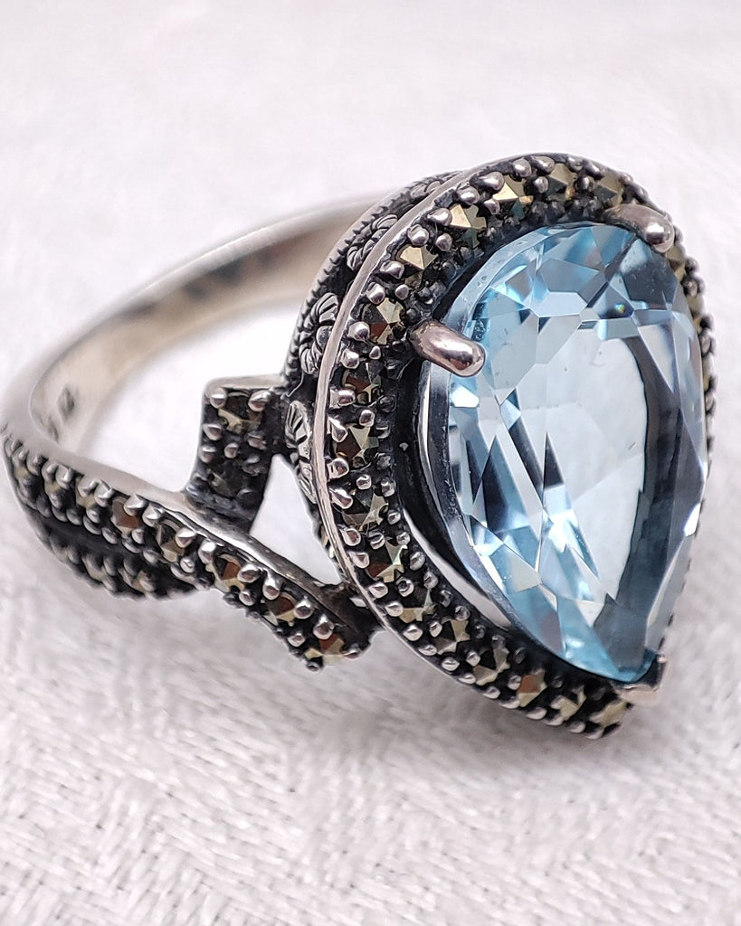 Bague Art Déco En Argent 925 - Turquoise Et Marcassites - Taille 57 - Occasion